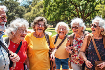 Idosos felizes explorando destinos em uma excursão gratuita.