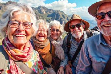 Grupo de idosos sorrindo enquanto participa de excursão gratuita.