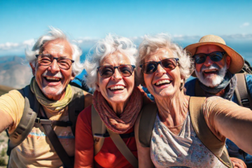 Idosos felizes em uma excursão ao ar livre