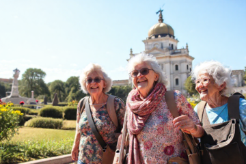 Grupos de idosos em excursão, sorrindo e socializando.