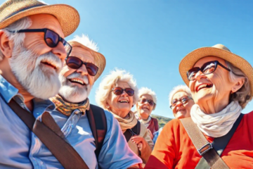 Grupo de idosos sorrindo durante uma excursão de ônibus.