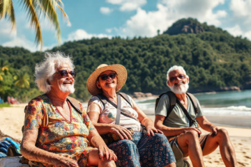 Idosos em uma excursão, apreciando uma paisagem brasileira.