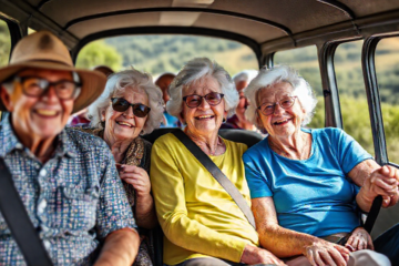 Idosos em um passeio de excursão ao ar livre, sorrindo e interagindo.