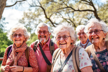 Grupo de idosos em excursão, sorrindo em um parque