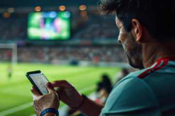 Imagem de torcedores do Flamengo assistindo a um jogo ao vivo através de um aplicativo de streaming.