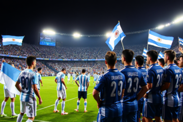 Jogadores da Seleção Argentina e Uruguai se preparando para o Clássico do Rio da Prata no Estádio Centenário.