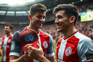 Franco Mastantuono sorrindo enquanto recebe uma gorra de uma fã após a vitória do River Plate.