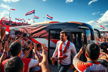 River Plate chegando para enfrentar Ciudad Bolívar na Copa Argentina com apoio dos torcedores.