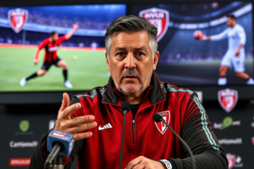 Marcelo Gallardo durante coletiva discutindo a competitividade entre Franco Armani e Jeremías Ledesma no River Plate.