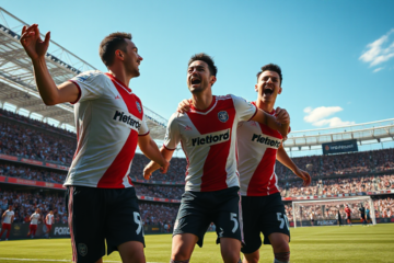 Jogadores do River Plate comemoram a vitória contra o San Martín durante o Torneio Apertura 2025.