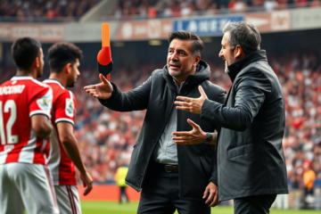 Gallardo e Biscay coordenando as ações do River Plate durante vitória sobre o Atlético Tucumán, mostrando sinergia e estratégia no jogo.