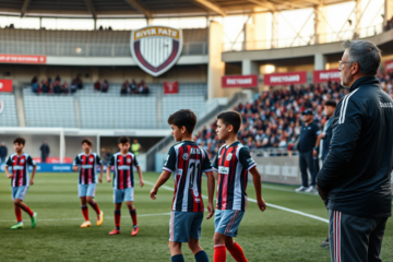 Marcelo Gallardo observando jovens jogadores durante jogo da Reserva do River Plate.