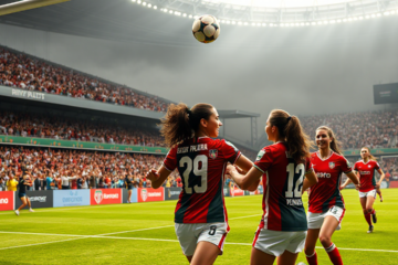 Jogadoras do River Plate comemorando a vitória por 3 a 0 sobre o Banfield no futebol feminino.