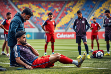 Paulo Díaz em treinamento, preocupado com lesão durante os treinos da seleção chilena.