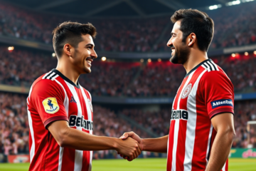 Franco Mastantuono cumprimenta Julián Álvarez durante encontro de promessas do River Plate.