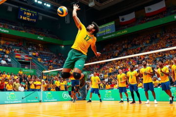 O oposto Darlan da Seleção Brasileira Masculina de Vôlei durante a partida contra a Polônia na Liga das Nações.