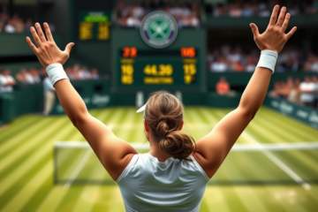 Beatriz Haddad Maia comemorando após vencer Rebecca Šramková em Wimbledon.