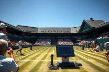 Imagem que ilustra a decisão do Wimbledon de substituir juízes de linha humanos por um sistema eletrônico de marcação.