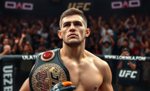 Ilia Topuria, campeão dos leves do UFC, após vitória e pedido da organização.