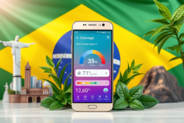 Ilustração de um celular Android sendo otimizado com um aplicativo de limpeza de armazenamento.