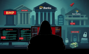 Imagem ilustrativa de um ataque hacker em instituições financeiras com destaque para a segurança cibernética.