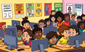 Crianças e jovens participando de um curso de inclusão digital e formação em games.
