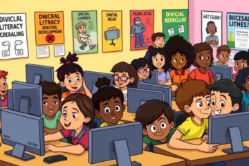 Crianças e jovens participando de um curso de inclusão digital e formação em games.