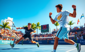 João Fonseca e Carlos Alcaraz durante o Miami Invitational, onde Alcaraz venceu no supertiebreak.