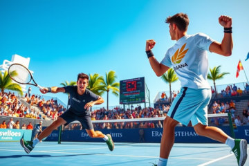 João Fonseca e Carlos Alcaraz durante o Miami Invitational, onde Alcaraz venceu no supertiebreak.