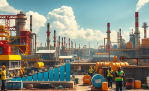 Gráfico ilustrando o crescimento da produção industrial no Brasil em outubro de 2025, destacando os setores com avanços e quedas.