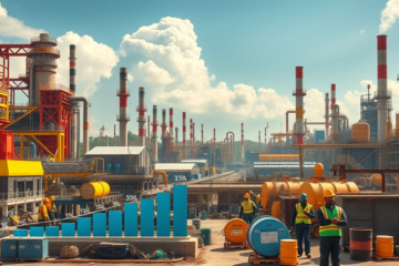 Gráfico ilustrando o crescimento da produção industrial no Brasil em outubro de 2025, destacando os setores com avanços e quedas.