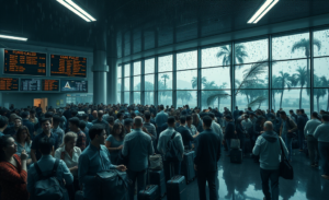 Passageiros enfrentam dificuldades em aeroportos devido ao caos aéreo causado por um ciclone, resultando em cancelamentos e longas filas.