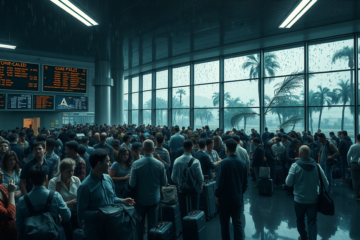 Passageiros enfrentam dificuldades em aeroportos devido ao caos aéreo causado por um ciclone, resultando em cancelamentos e longas filas.