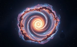 Imagem da Galáxia Alaknanda, descoberta por astrônomos usando o telescópio James Webb, revelando sua estrutura espiral e núcleo denso de estrelas antigas.