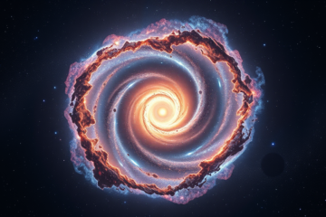 Imagem da Galáxia Alaknanda, descoberta por astrônomos usando o telescópio James Webb, revelando sua estrutura espiral e núcleo denso de estrelas antigas.