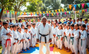 Crianças e adolescentes participam da cerimônia de graduação de judô, celebrando sua formação esportiva e cidadã.
