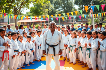 Crianças e adolescentes participam da cerimônia de graduação de judô, celebrando sua formação esportiva e cidadã.