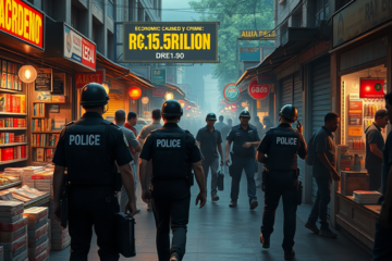 Ilustração sobre o impacto econômico do crime no Brasil, destacando o imposto oculto gerado pela violência, contrabando e crimes ambientais.