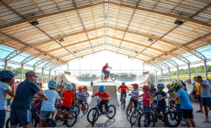 Crianças participando de uma vivência esportiva de BMX no Parque Municipal Vale do Itaim, acompanhando atletas em preparação para competição.