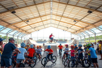Crianças participando de uma vivência esportiva de BMX no Parque Municipal Vale do Itaim, acompanhando atletas em preparação para competição.