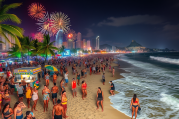 Imagem ilustrativa do Réveillon mostrando a movimentação de pessoas e a celebração da virada do ano.