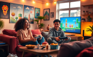 Estudo sobre o impacto de videogames na felicidade e burnout em jovens adultos, destacando Super Mario Bros. e Yoshi.