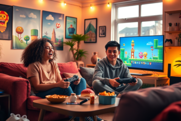 Estudo sobre o impacto de videogames na felicidade e burnout em jovens adultos, destacando Super Mario Bros. e Yoshi.