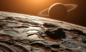 Imagem de Titã, a maior lua de Saturno, com sua superfície de gelo granizado e bolsões de água líquida, ilustrando sua complexidade geológica.