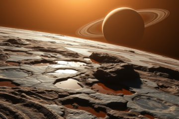 Imagem de Titã, a maior lua de Saturno, com sua superfície de gelo granizado e bolsões de água líquida, ilustrando sua complexidade geológica.