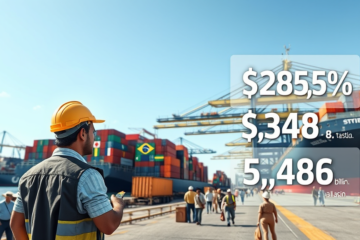 Gráfico mostrando o superávit da balança comercial e o impacto das tarifas dos EUA nas exportações brasileiras.