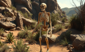 Imagem de um esqueleto de Homo habilis com características primitivas, destacando a pesquisa recente sobre sua anatomia e evolução.