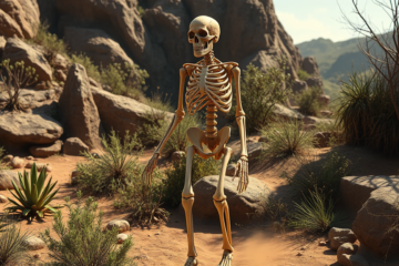 Imagem de um esqueleto de Homo habilis com características primitivas, destacando a pesquisa recente sobre sua anatomia e evolução.