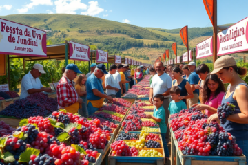 Imagem da Festa da Uva com destaque para a Uva Niagara Rosada e estandes de agricultores locais.