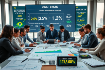 Imagem representativa das projeções econômicas do Brasil, com dados sobre PIB, IPCA, taxa Selic e câmbio.